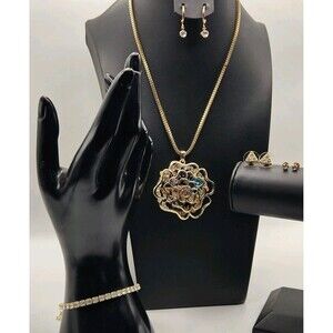5 Vintage To Now Gold Tone Crystal Statement Necklace Earring Jewelry Boho Lot-F